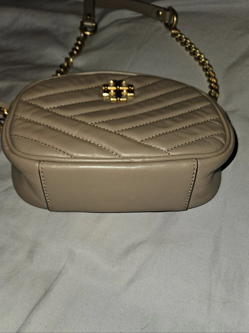 Tory Burch Taupe Quilted Chevron Leather Crossbody with Gold Chain
